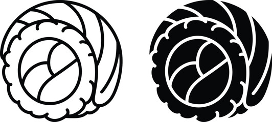 Two stylized sushi rolls one outlined and one solid black silhouette