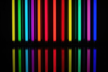 Vibrant glowing neon tube with mirrored reflection against dark backdrop for festive night vibes