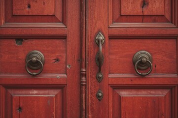 Old-fashioned crimson wooden doors featuring circular metal handles and distressed designs, highlighting a classic hardwood aesthetic