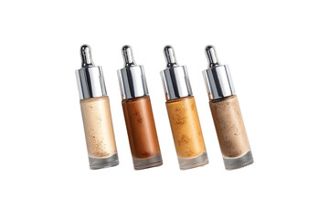Four dropper bottles of shimmering liquid makeup in various shades of gold and brown