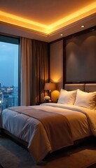 Luxurious hotel suite bedroom prepared for a wedding night  Romantic ambiance with elegant decor, plush bedding, and soft lighting  Perfect for honeymooners ,  decor,  textures,  space