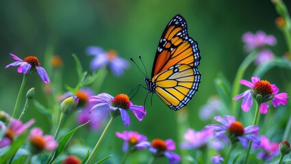 Fototapeta premium Vivid butterfly fluttering amidst colorful flowers