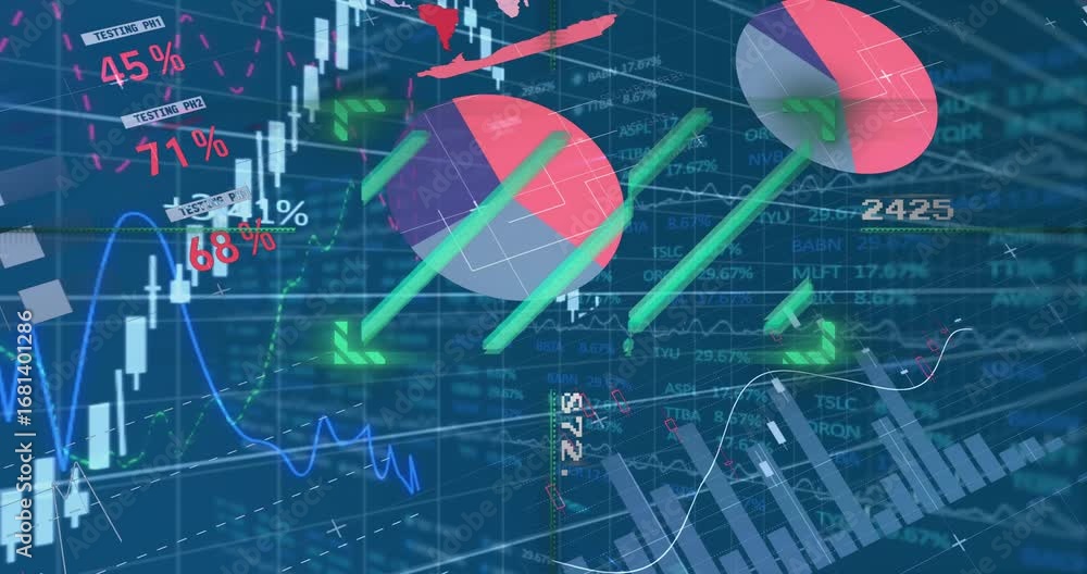 Poster digital animation of various graphical charts moving over trading board