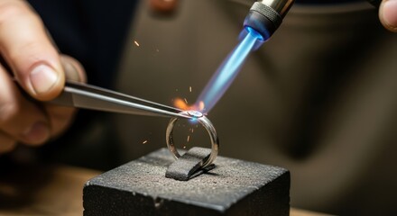 Close up of a jeweler using a torch and tweezers to solder a delicate piece of metal jewelry