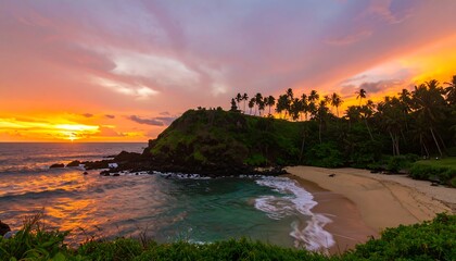 Vibrant sunset over a secluded tropical cove, with palm trees silhouetted against the fiery sky and gentle waves lapping a crescent beach