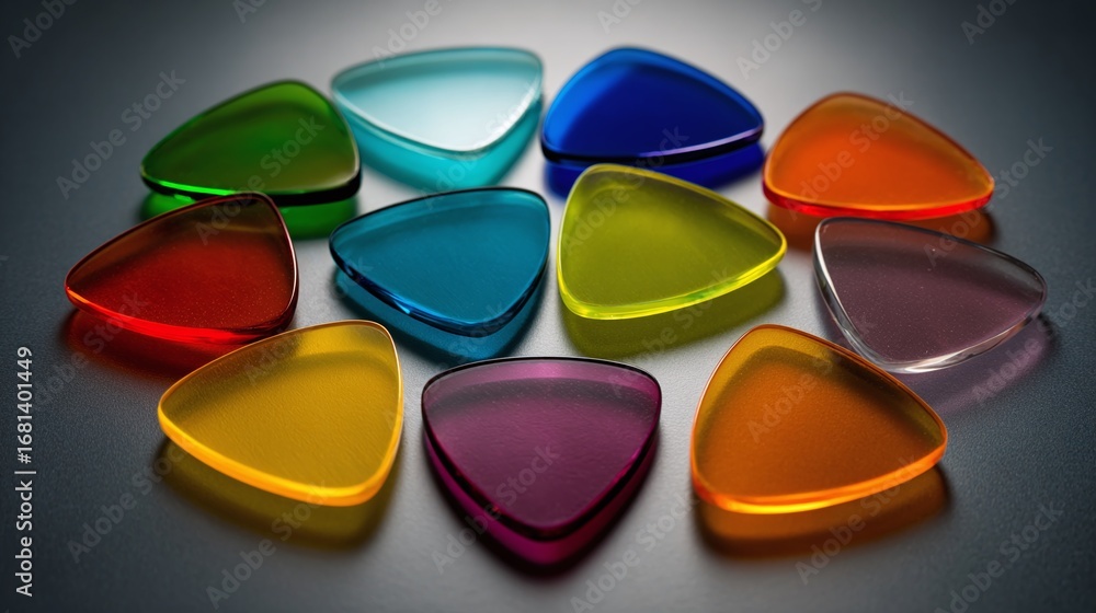 Poster collection of colorful, translucent triangular objects arranged in a circle, catching the light to h