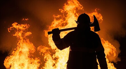 A firefighter holding an axe in front of a fire.