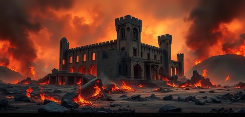 Charred castle ruins amidst a fiery, smoke-filled apocalyptic landscape, devastation, night
