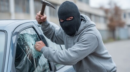 Intruder in Mask Attacking Vehicle Window with Hammer in Urban Setting, Showcasing Crime and Vandalism in Daylight Scenario