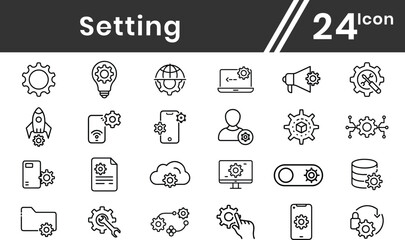 Settings, Setup line icon set. Contains options, configuration, technology, process, maintenance, installation, engineering, mechanism, customization, optimization. Vector illustration
