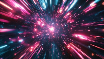 Neon Glowing Rays In Motion: Futuristic Data Flow With Explosion Effect And Hyper Speed Space Travel In Sci-Fi Motion Wallpaper.