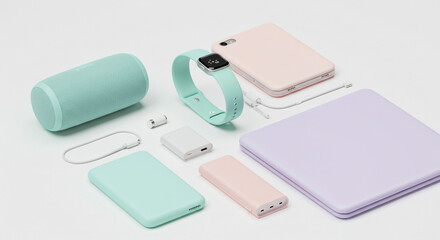 Vibrant pastel tech accessories, smart watch, phone cases, speakers, and power banks arranged neatly