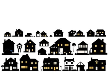 Naklejka premium Collection of diverse house silhouettes against a plain background, various styles and sizes, illustration, vector