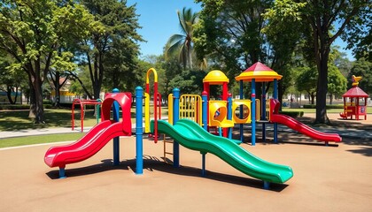 Colorful playground equipment in a sunny park, equipment, monkey bars