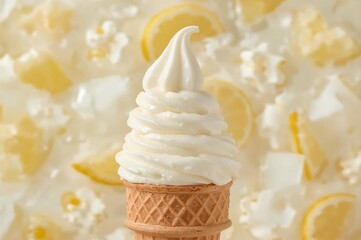 Soft serve frozen yogurt in a waffle cone with vibrant popsicles in the background, summer treat with lemon and milk flavors