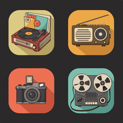 Vintage Media Devices Displayed on Dark Background with Retro Styling