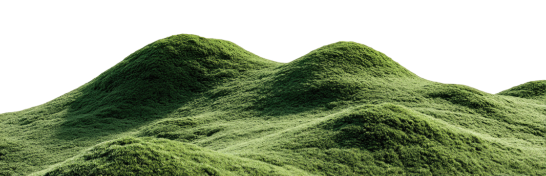 Lush, rolling hills rendered in muted greens, outlined in a segmented, light color