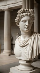 Close up of a white marble bust of a person with columns in the background in a museum setting