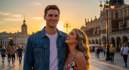 A couple embracing in a city square at sunset.