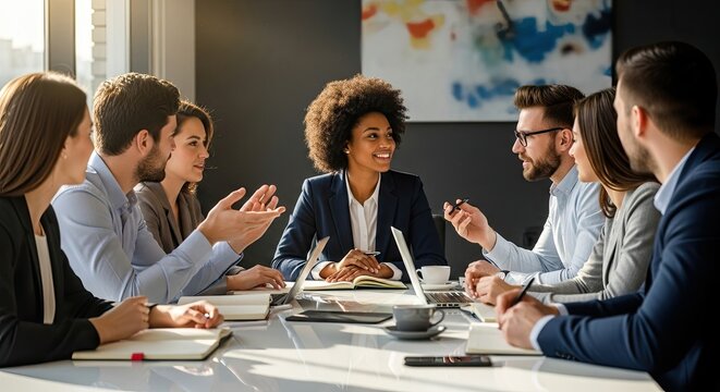 A diverse group of business professionals in a meeting, discussing ideas and strategies.