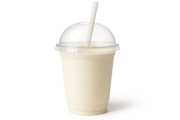 Close-up of a vanilla milkshake served in a clear plastic cup with a lid and straw, high detail and white backdrop