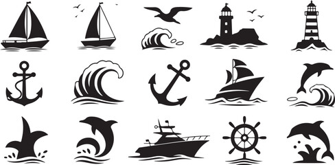 Collection of black silhouette nautical icons including sailboats lighthouses anchors dolphins waves and ships
