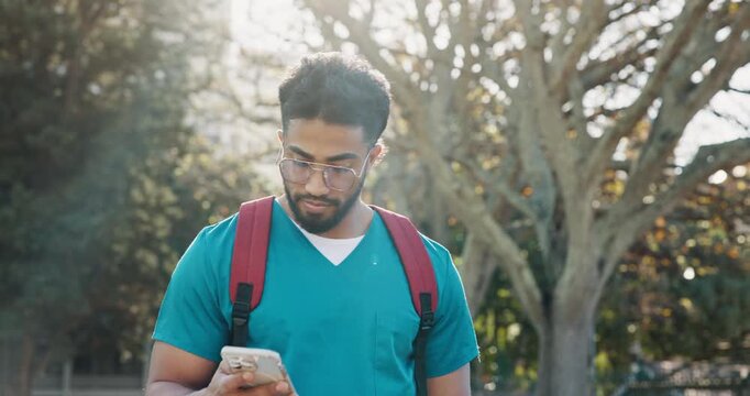 Medical, student and phone with man on campus for learning schedule, doctor residency and college. Healthcare internship, contact and medicine program with person in university for text message