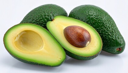Fresh avocado with green skin cut open seed visible creamy flesh and organic healthy fruit isolated on white background
