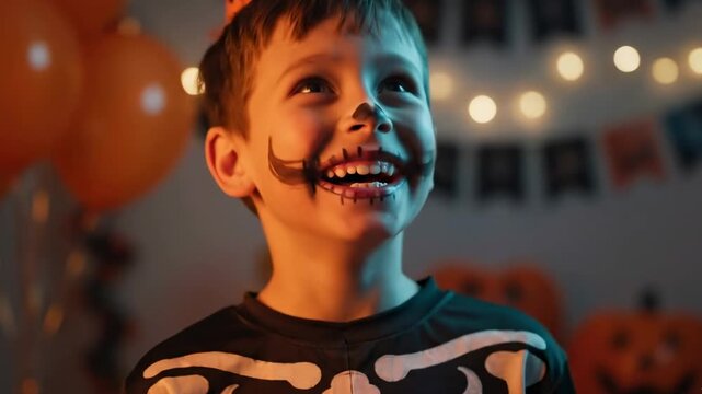A joyful boy with skeleton face paint and a matching costume smiles brightly at a fun Halloween party with spooky lights, a perfect clip for festive and happy celebrations