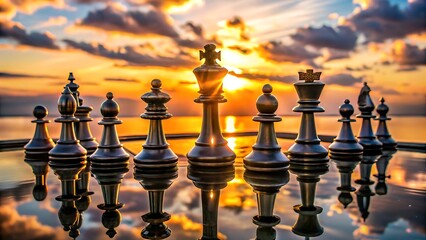Strategic Dawn: A chess set stands poised at dawn, the figures silhouetted against a vibrant sky, reflecting on a reflective surface, symbolizing strategy and a fresh start.
