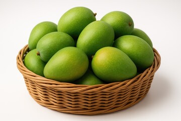 Unripe mangoes stored in a traditional basket