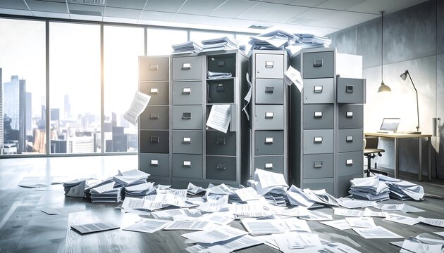Overwhelmed office with overflowing files