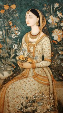 Woman ornate traditional indian attire hold bouquet flowers, embodying classic mughal art and delicate elegance. For greeting card, beauty concept. Vertical illustration. Old ancient painting style.