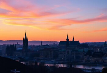 Naklejka premium Prague skyline silhouette at sunset, showcasing iconic spires and bridges, horizon, bridge