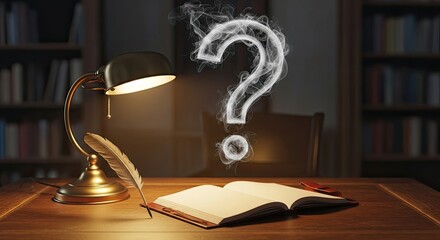 Fototapeta premium A desk lamp with a question mark symbol on it, emitting smoke, next to an open book on a wooden table in a dimly lit room with bookshelves in the background.