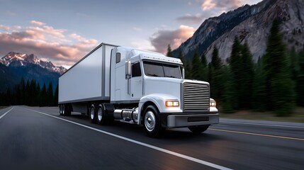 A large commercial semi-truck with a trailer driving along a winding mountain highway surrounded by scenic landscapes and a colorful sunset sky