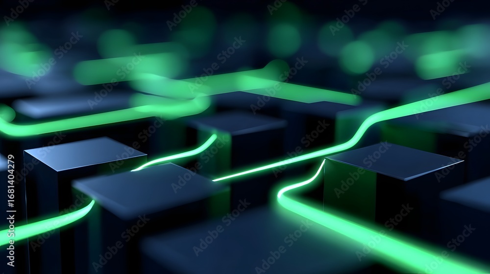 Poster abstract futuristic background with a glowing digital circuit network design in shades of green