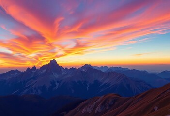 Obraz premium Serene mountain vista at sunset, showcasing majestic peaks and vibrant sky, water, scenery