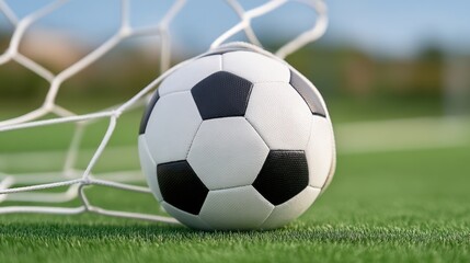 Fototapeta premium Close-Up View of a Classic Black and White Soccer Ball Nestled in a Goal Net on a Sunlit Green Field, Perfect for Sports-Themed Projects and Promotions
