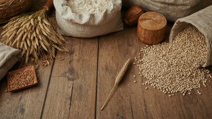 Organic whole grain flour and wheat seeds in rustic sacks with a wheat stalk on a vintage wooden surface