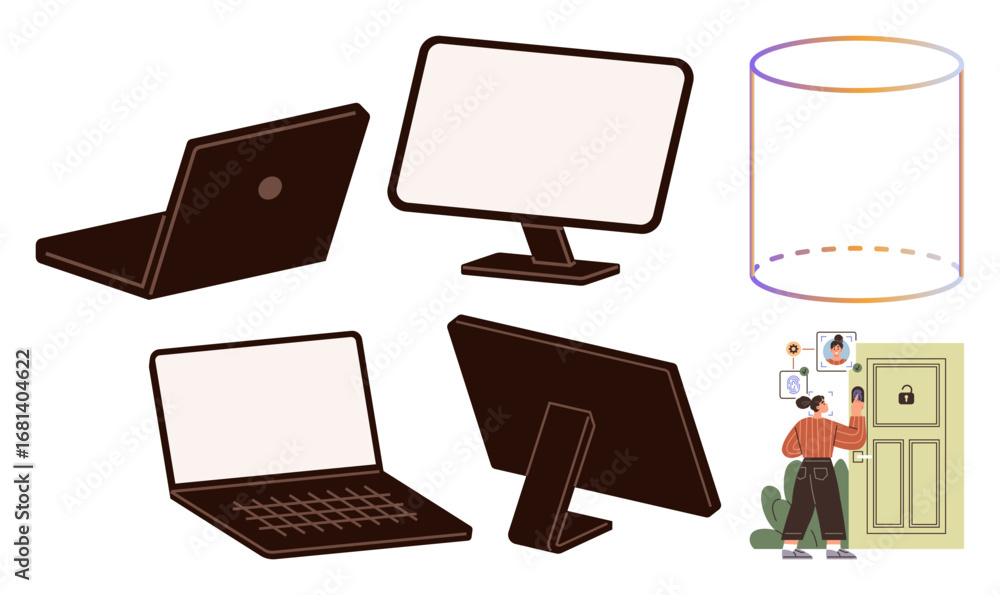 Poster laptop and monitor screens, database cylinder, person using facial recognition for locked access. id