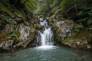 A tranquil cascade flows over mossy stones amidst vibrant foliage and ferns, forming a calm nature sanctuary.
