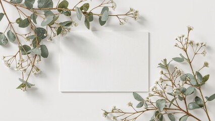 Mockup of a wedding invitation decorated with eucalyptus leaves and gypsophila sprigs, with room for personalized message.