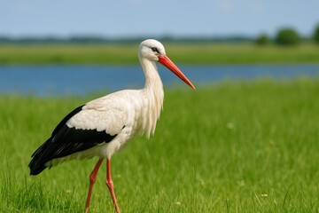 Fototapeta premium Migratory white and black stork perched on a green meadow in northern Europe