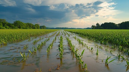 Flooded cornfield after heavy rainstorm in midwest farm landscape