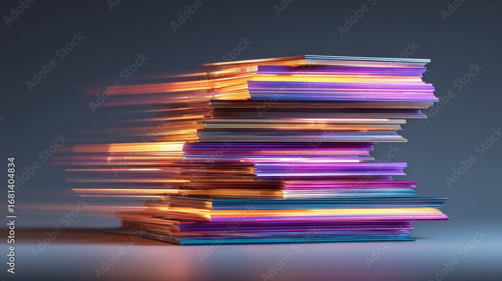 Poster colorful stack of paper: motion blur effect. conceptual image conveys speed, productivity, or the fl