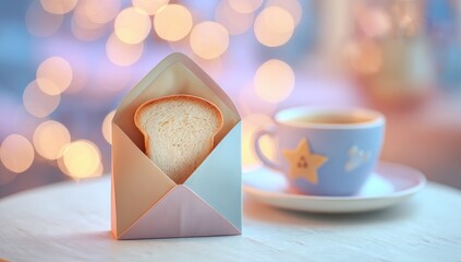 A slice of bread nestled in a pastel envelope, beside a small cup of coffee.  Soft lighting and bokeh create a warm ambiance