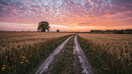 Sunset hues illuminating a wheat expanse along a timeworn oak route in the countryside