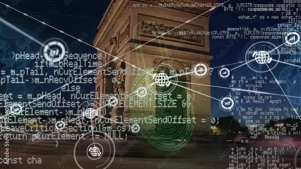 Poster animation of network and graph icons interconnecting and programming code over arc de triomphe
