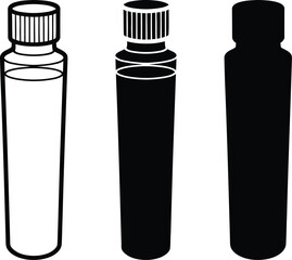 Three tall bottles with screw caps one outline one black and one silhouette